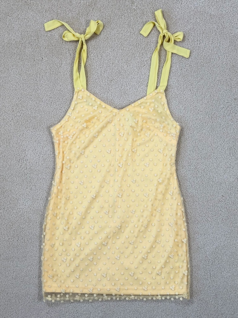 Butter Yellow Floral Sheer Overlay Tie-Shoulder Mini Dress